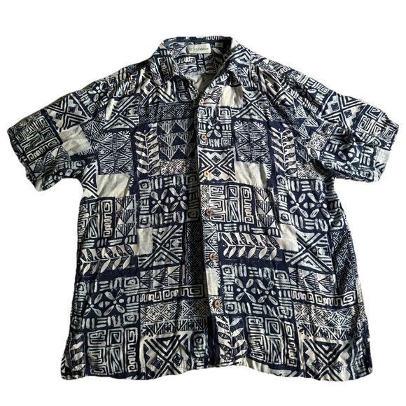 Caribbean Other - Carribean Silk Blend Hawaiian Shirt Mens L Blue White Geometric Beach Button Up